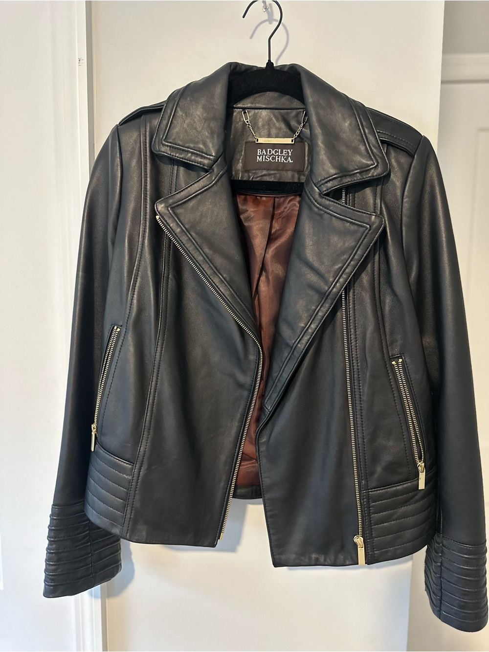 Badgley Mischka Womens S Black Genuine Leather Moto Jacket Gold Hardware